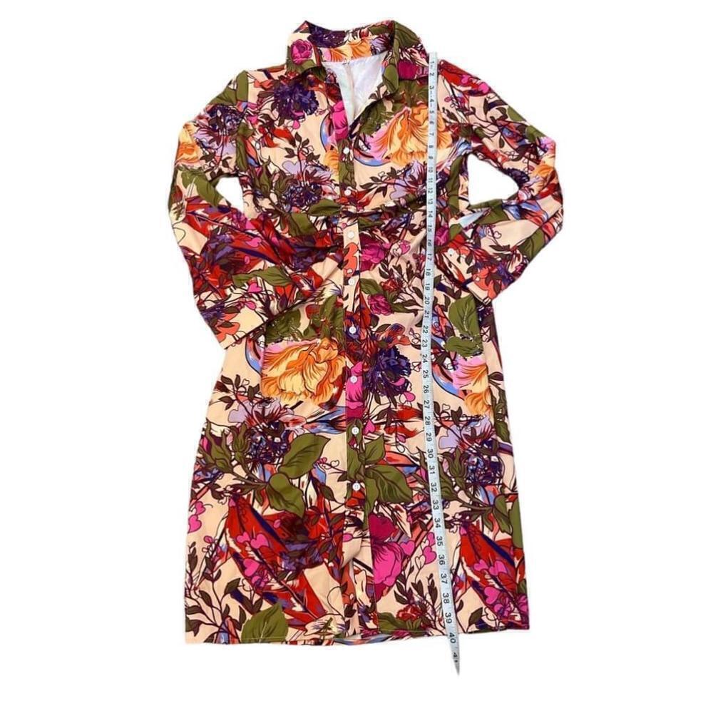 NWOT SHEIN Floral Button Up Long Midi Long Sleeve Dress M Pink/Green - Picture 7 of 12